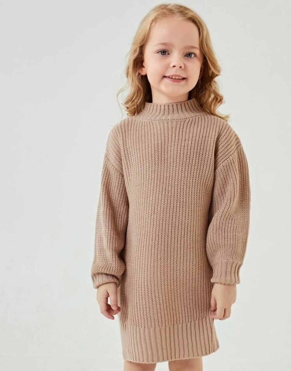 Girls Mock Neck Sweater Dress in Khaki Size 3 Years